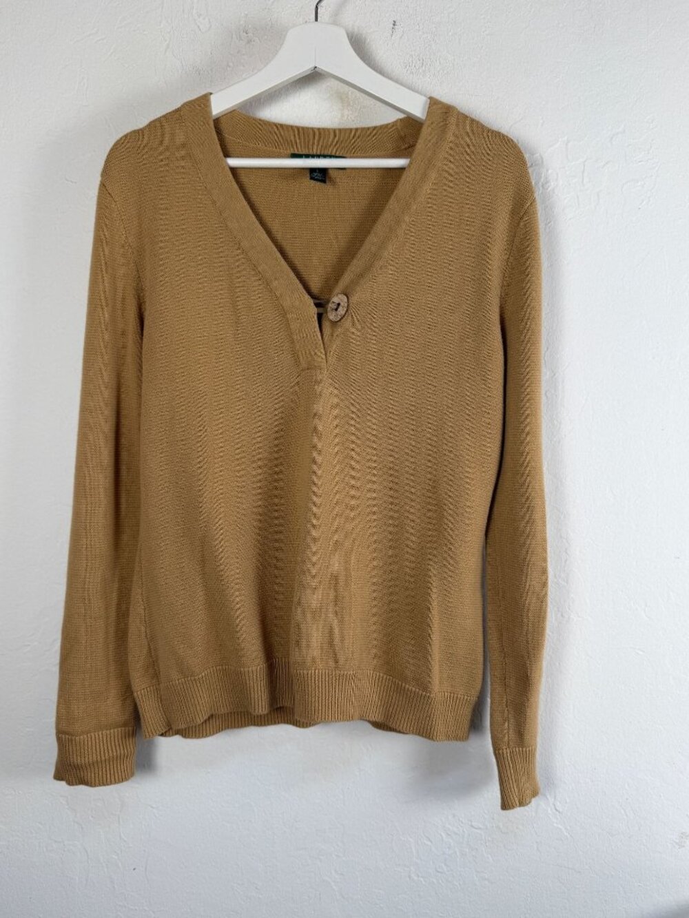 Lauren Ralph Lauren Womens Camel Cotton V-Neck Button Sweater Large Pullover